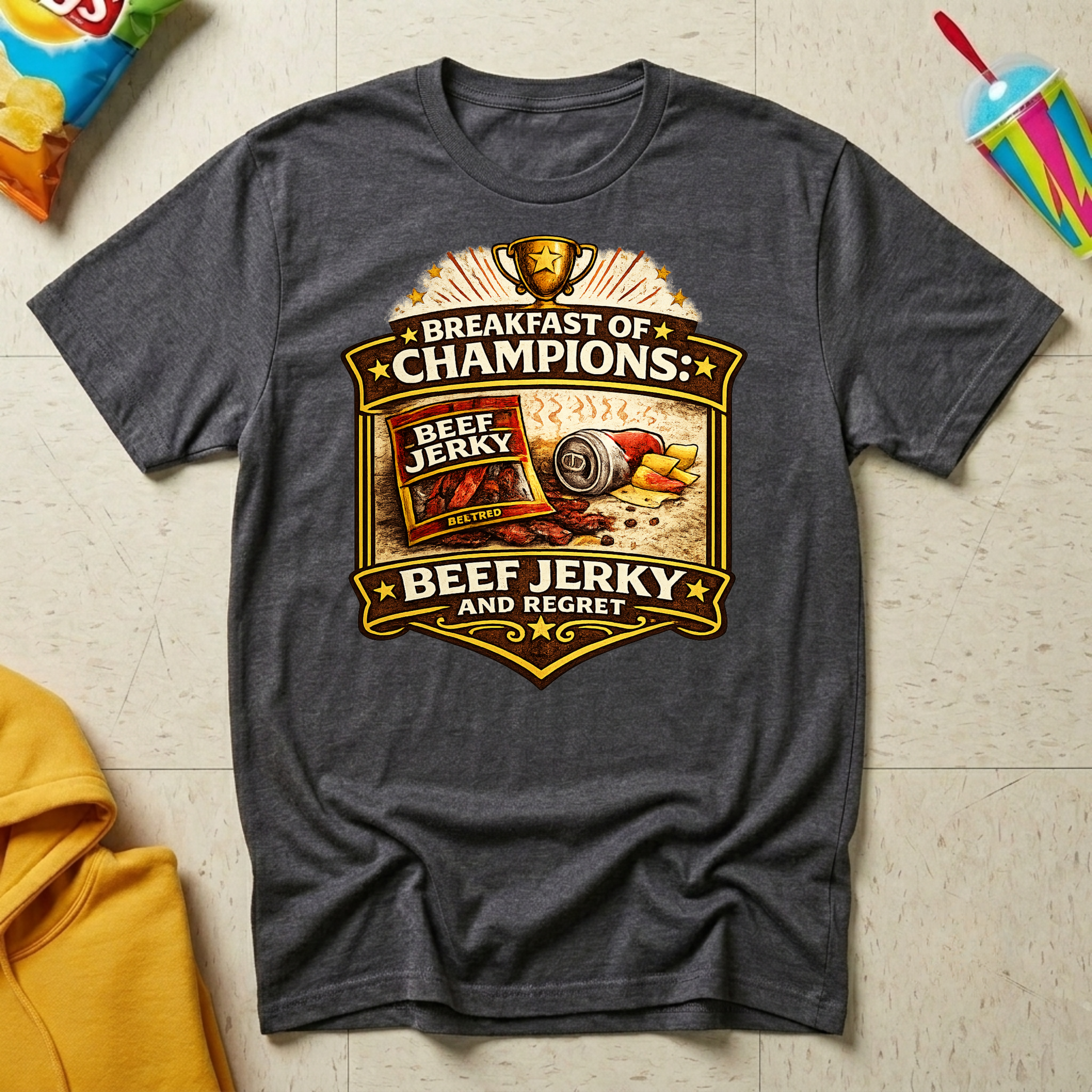 Breakfast of Champions: Beef Jerky and Regret T-shirt by The Riverstone Life on a dark heather Gildan Softstyle 64000 featuring a humorous truck stop breakfast design with beef jerky.