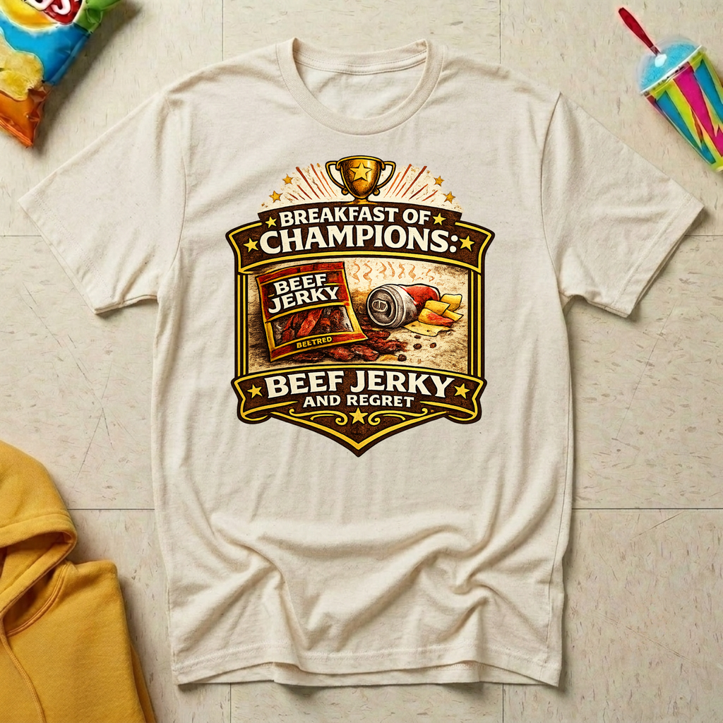 Breakfast of Champions: Beef Jerky and Regret T-shirt by The Riverstone Life on a natural Gildan Softstyle 64000 featuring a humorous truck stop breakfast design with beef jerky.