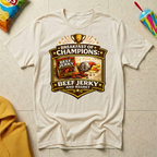 Breakfast of Champions: Beef Jerky and Regret T-shirt by The Riverstone Life on a natural Gildan Softstyle 64000 featuring a humorous truck stop breakfast design with beef jerky.
