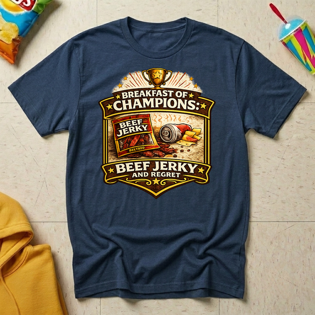 Breakfast of Champions: Beef Jerky and Regret T-shirt by The Riverstone Life on a navy Gildan Softstyle 64000 featuring a humorous truck stop breakfast design with beef jerky.