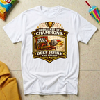 Breakfast of Champions: Beef Jerky and Regret T-shirt by The Riverstone Life on a white Gildan Softstyle 64000 featuring a humorous truck stop breakfast design with beef jerky.