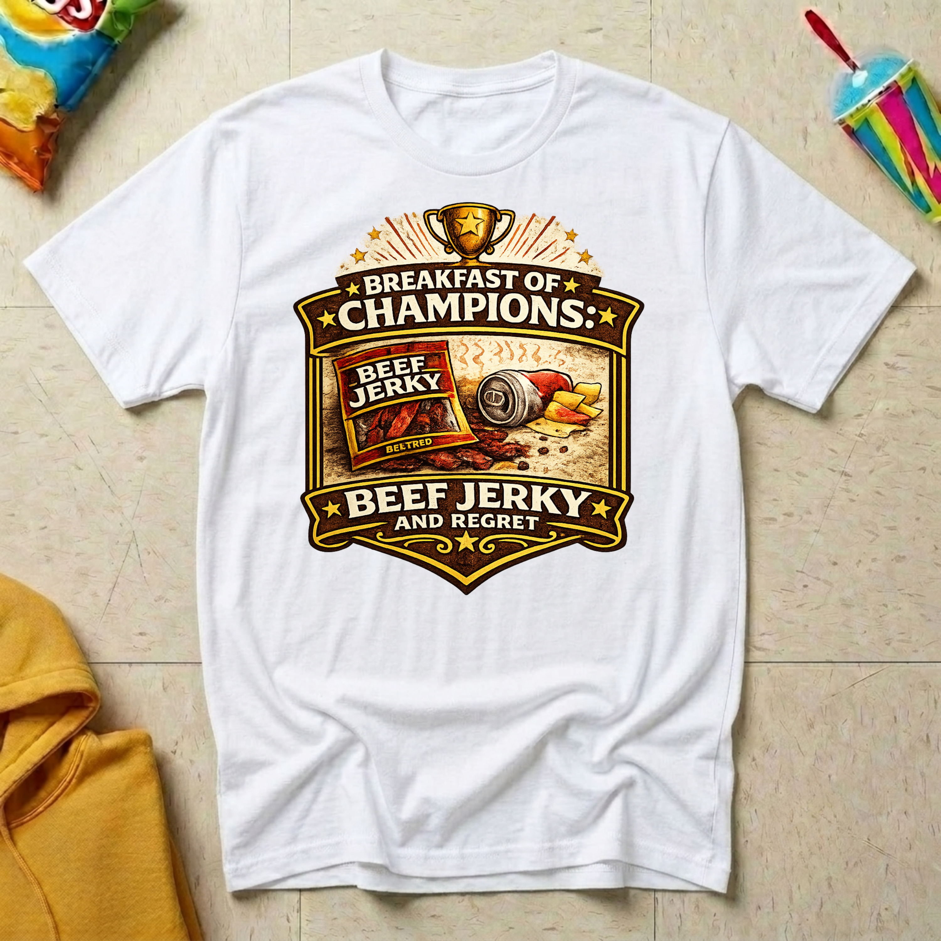 Breakfast of Champions: Beef Jerky and Regret T-shirt by The Riverstone Life on a white Gildan Softstyle 64000 featuring a humorous truck stop breakfast design with beef jerky.