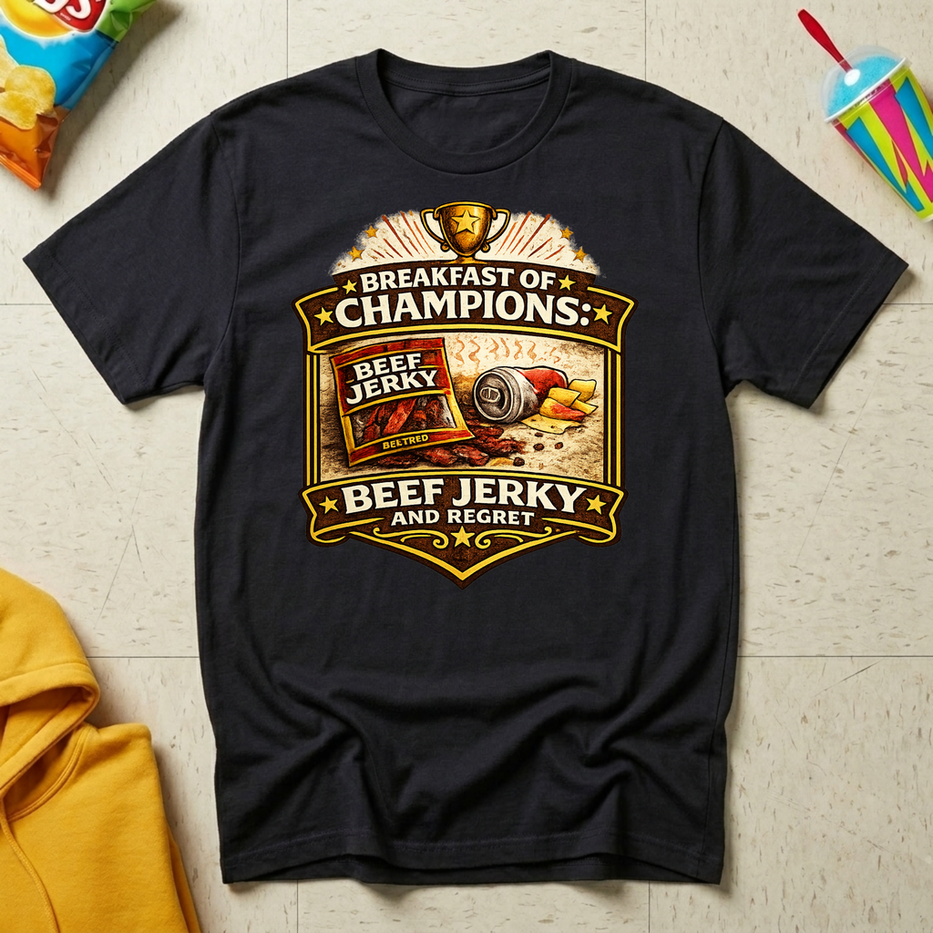 Breakfast of Champions: Beef Jerky and Regret T-shirt by The Riverstone Life on a black Gildan Softstyle 64000 featuring a humorous truck stop breakfast design with beef jerky.