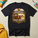 Breakfast of Champions: Beef Jerky and Regret T-shirt by The Riverstone Life on a black Gildan Softstyle 64000 featuring a humorous truck stop breakfast design with beef jerky.