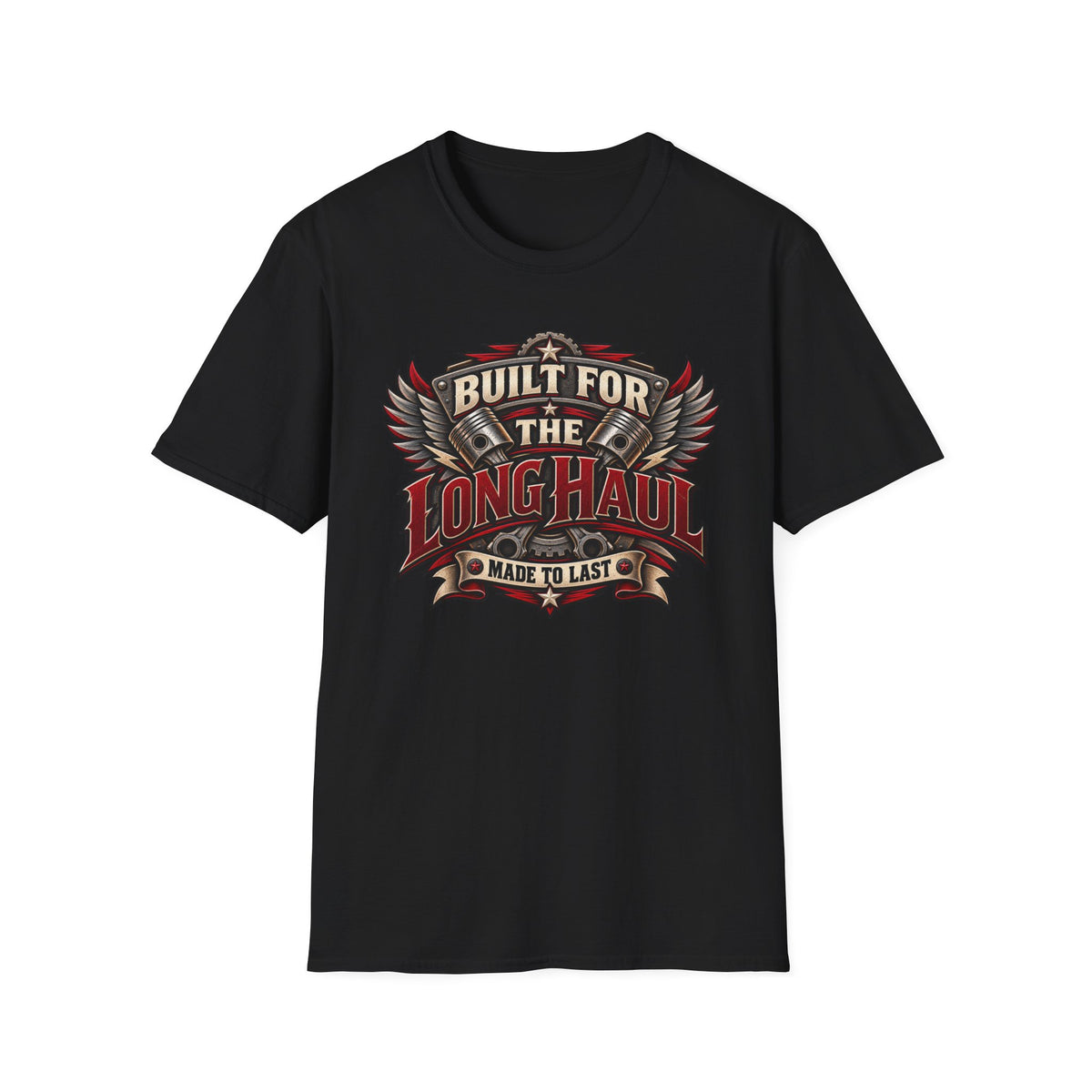 Black t-shirt 'Built for the Long Haul Made to Last' on a white background