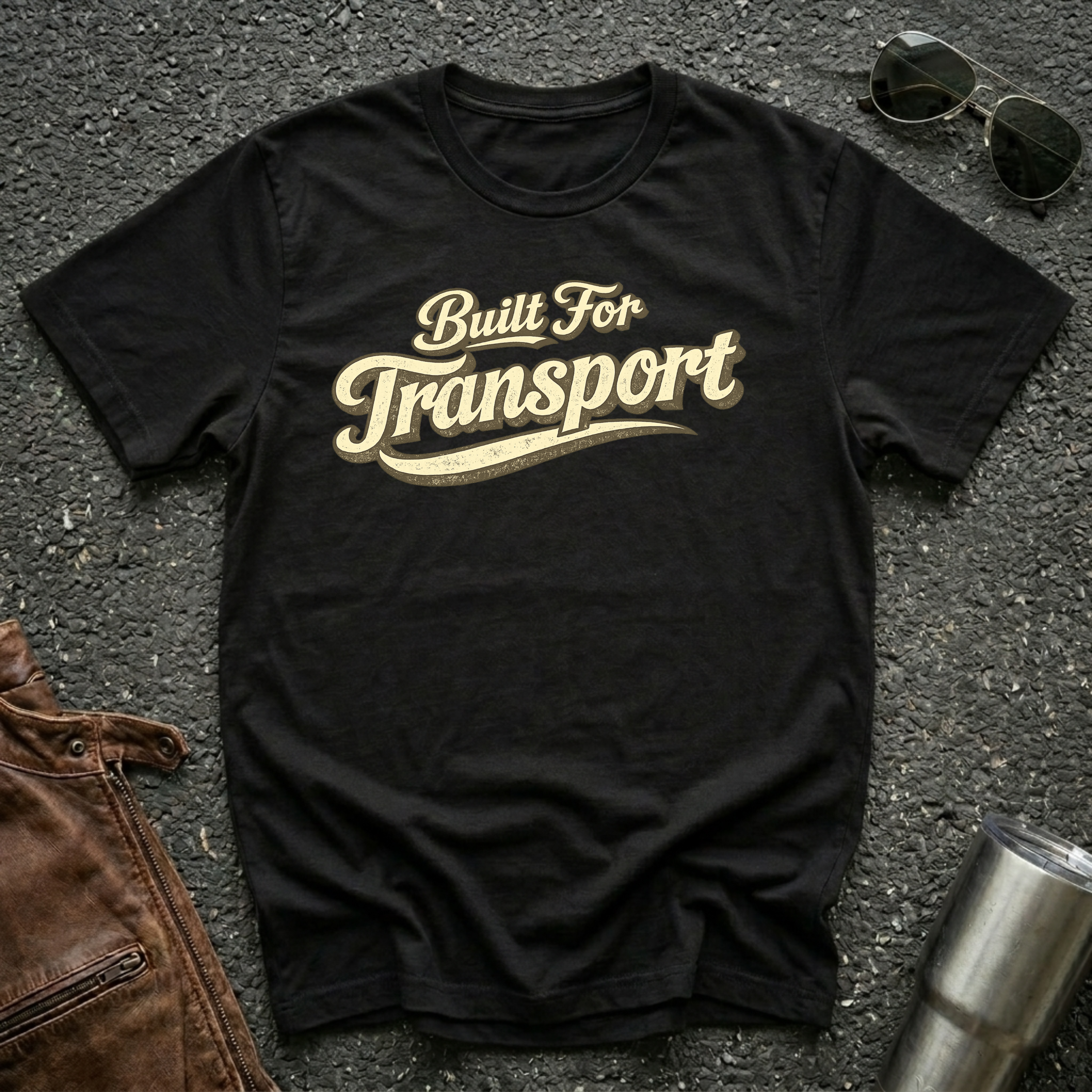 Black 'Built for Transport' road life t-shirt featuring vintage cream typography on a soft unisex t-shirt.