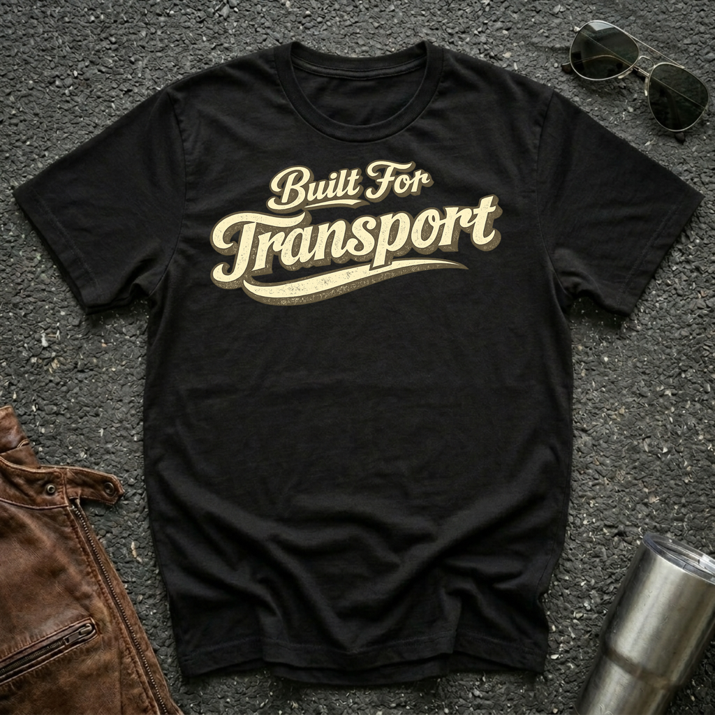 Black 'Built for Transport' road life t-shirt featuring vintage cream typography on a soft unisex t-shirt.