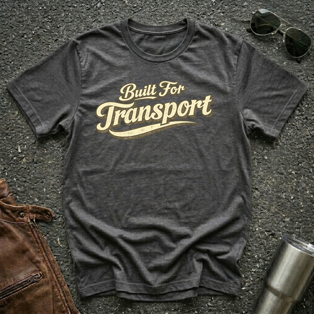 Dark heather 'Built for Transport' road life t-shirt featuring vintage cream typography on a soft unisex t-shirt.