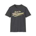 Dark heather 'Built for Transport' road life t-shirt featuring vintage cream typography on a soft unisex t-shirt on a white background.