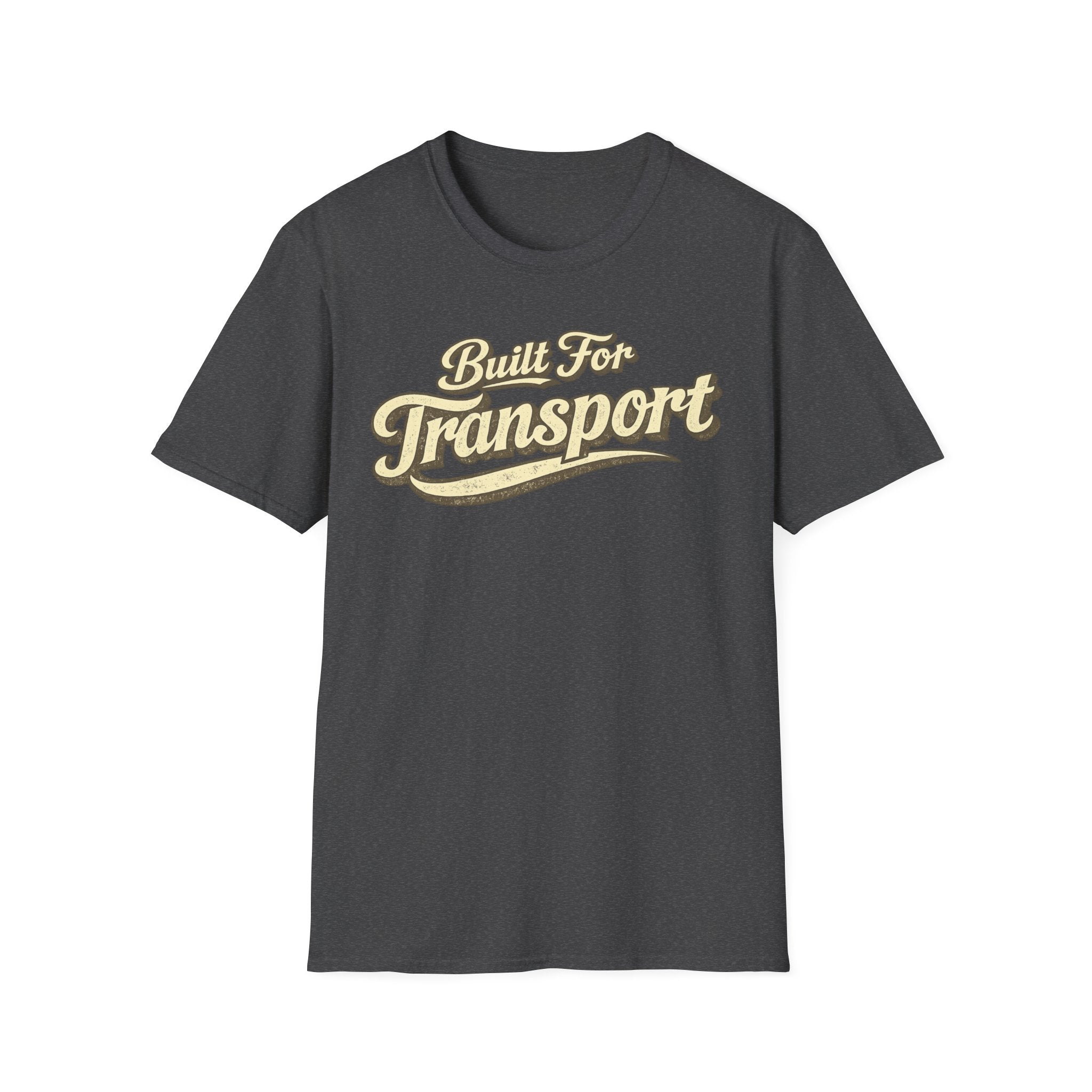 Dark heather 'Built for Transport' road life t-shirt featuring vintage cream typography on a soft unisex t-shirt on a white background.