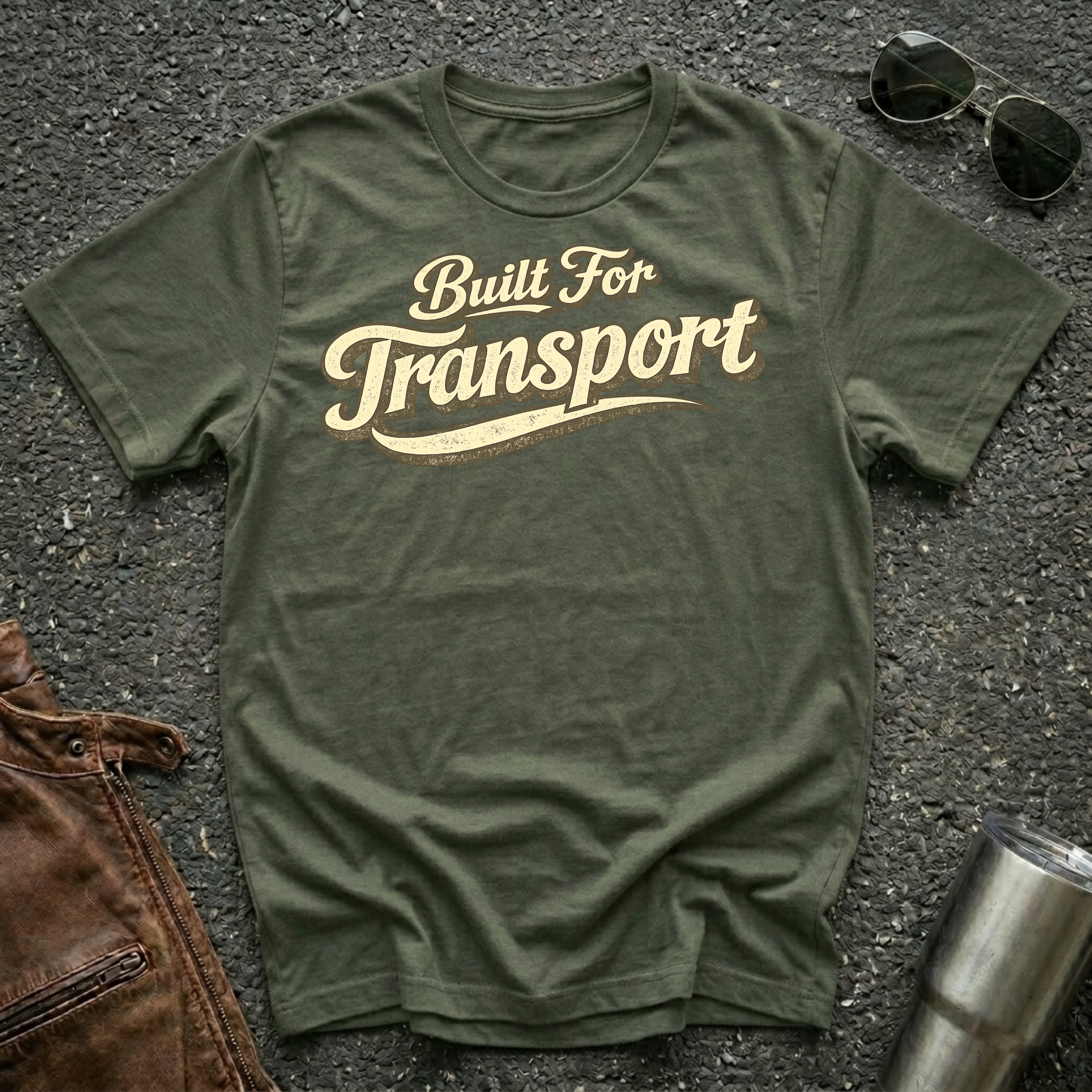 Military green 'Built for Transport' road life t-shirt featuring vintage cream typography on a soft unisex t-shirt.