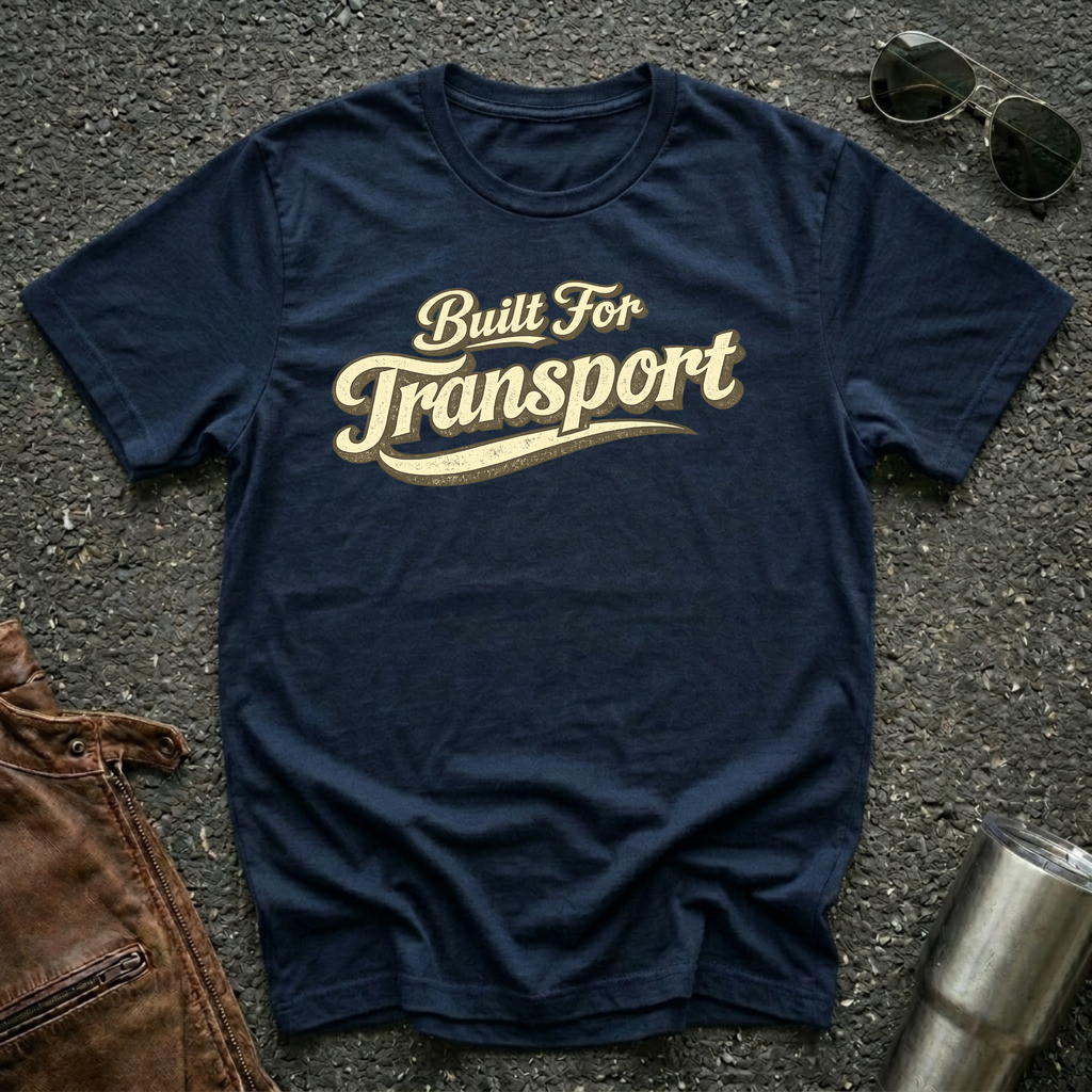 Navy 'Built for Transport' road life t-shirt featuring vintage cream typography on a soft unisex t-shirt.