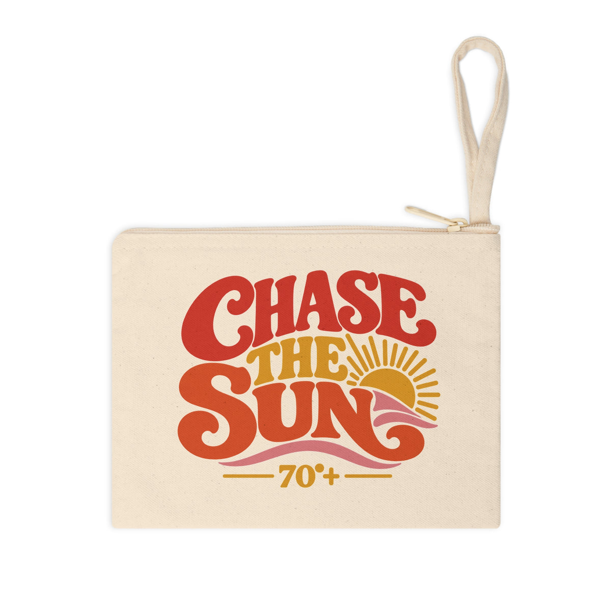A cream-colored canvas zippered pouch with a matching fabric loop handle, featuring a retro-style graphic that reads 'CHASE THE SUN' in red and orange lettering, with a yellow sun and '70+' design on a white background.