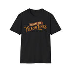 Black t-shirt with "Chasing The Yellow Lines" on the chest against a white background.