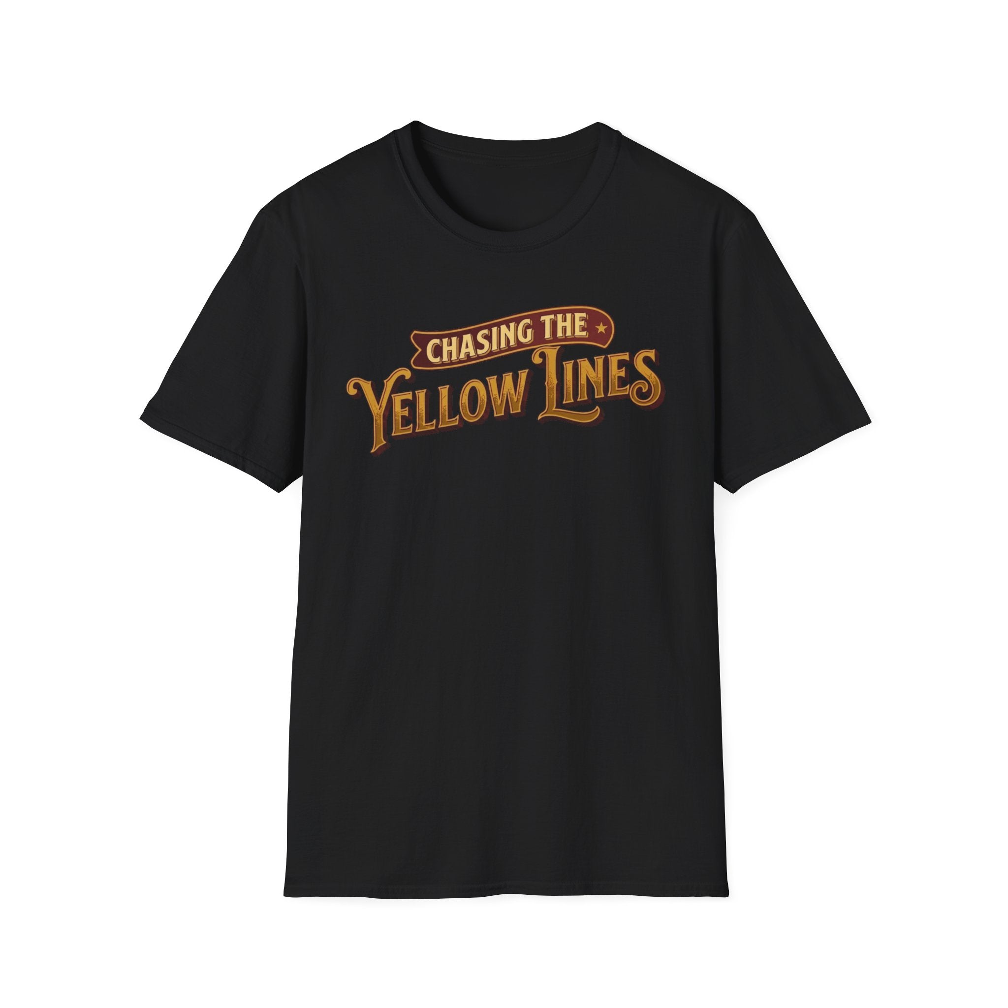 Black t-shirt with "Chasing The Yellow Lines" on the chest against a white background.