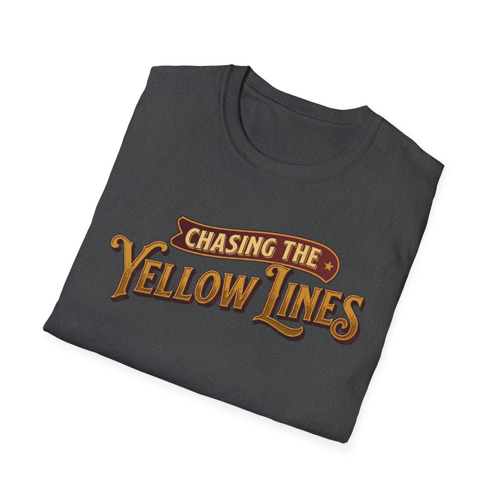 Navy t-shirt folded with "Chasing The Yellow Lines" on the chest against a white background.