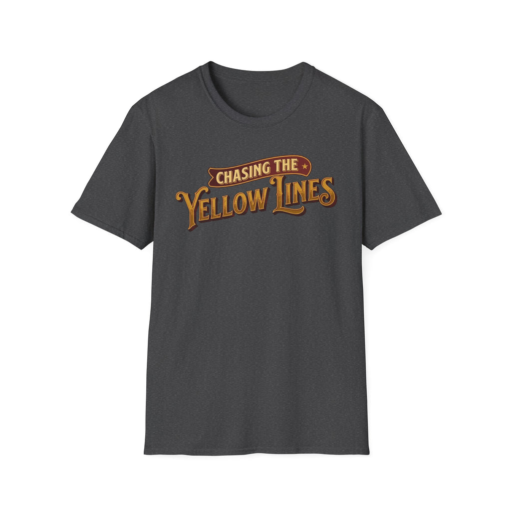 Dark heather t-shirt with "Chasing The Yellow Lines" on the chest against a white background.