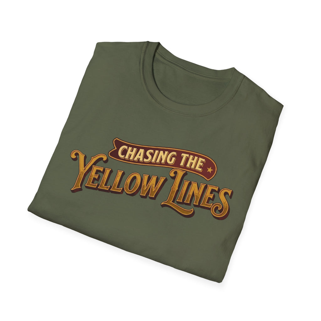 Military green t-shirt folded with "Chasing The Yellow Lines" on the chest against a white background.