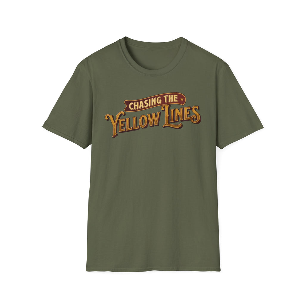 Military green t-shirt with "Chasing The Yellow Lines" on the chest against a white background.