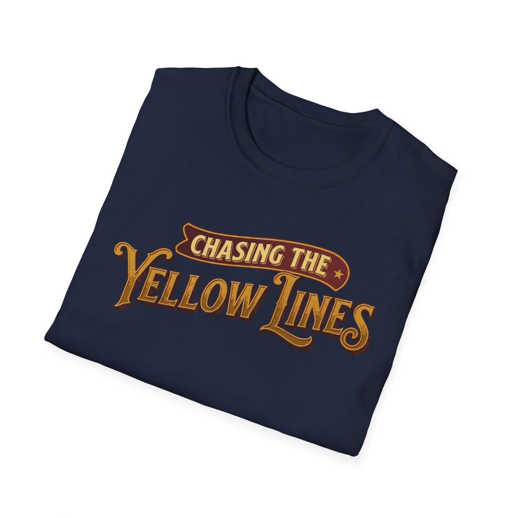 Navy t-shirt folded with "Chasing The Yellow Lines" on the chest against a white background.