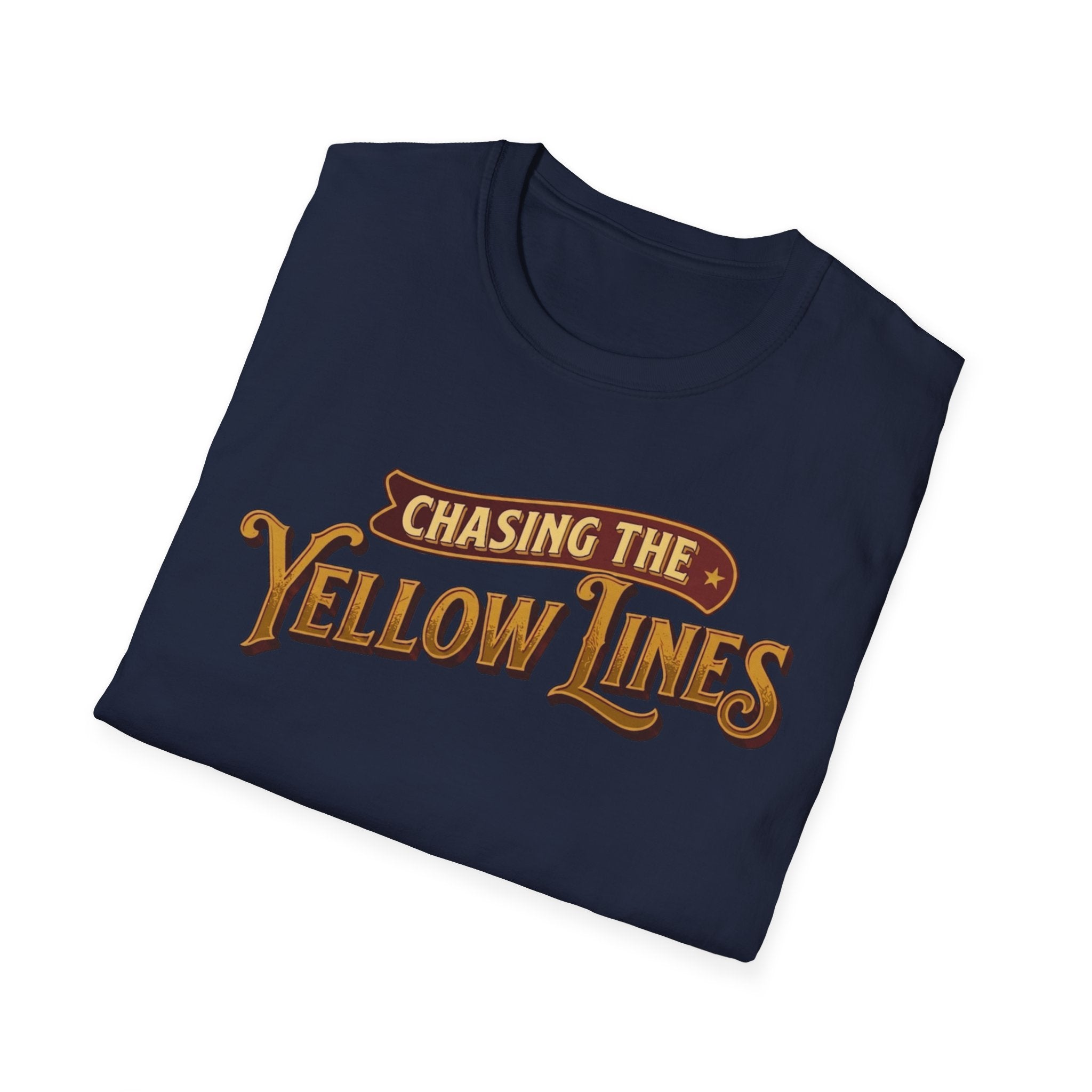 Navy t-shirt folded with "Chasing The Yellow Lines" on the chest against a white background.