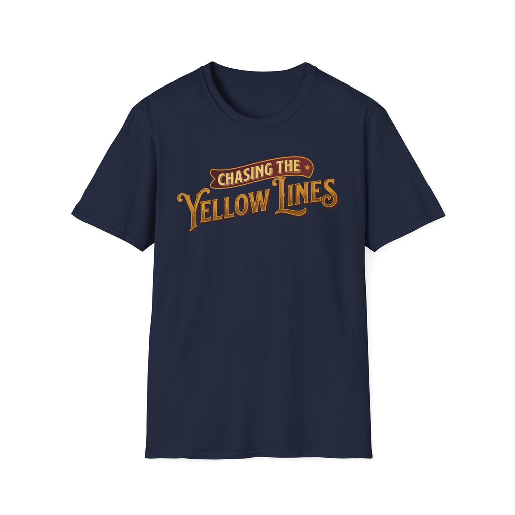 Navy t-shirt with "Chasing The Yellow Lines" on the chest against a white background.