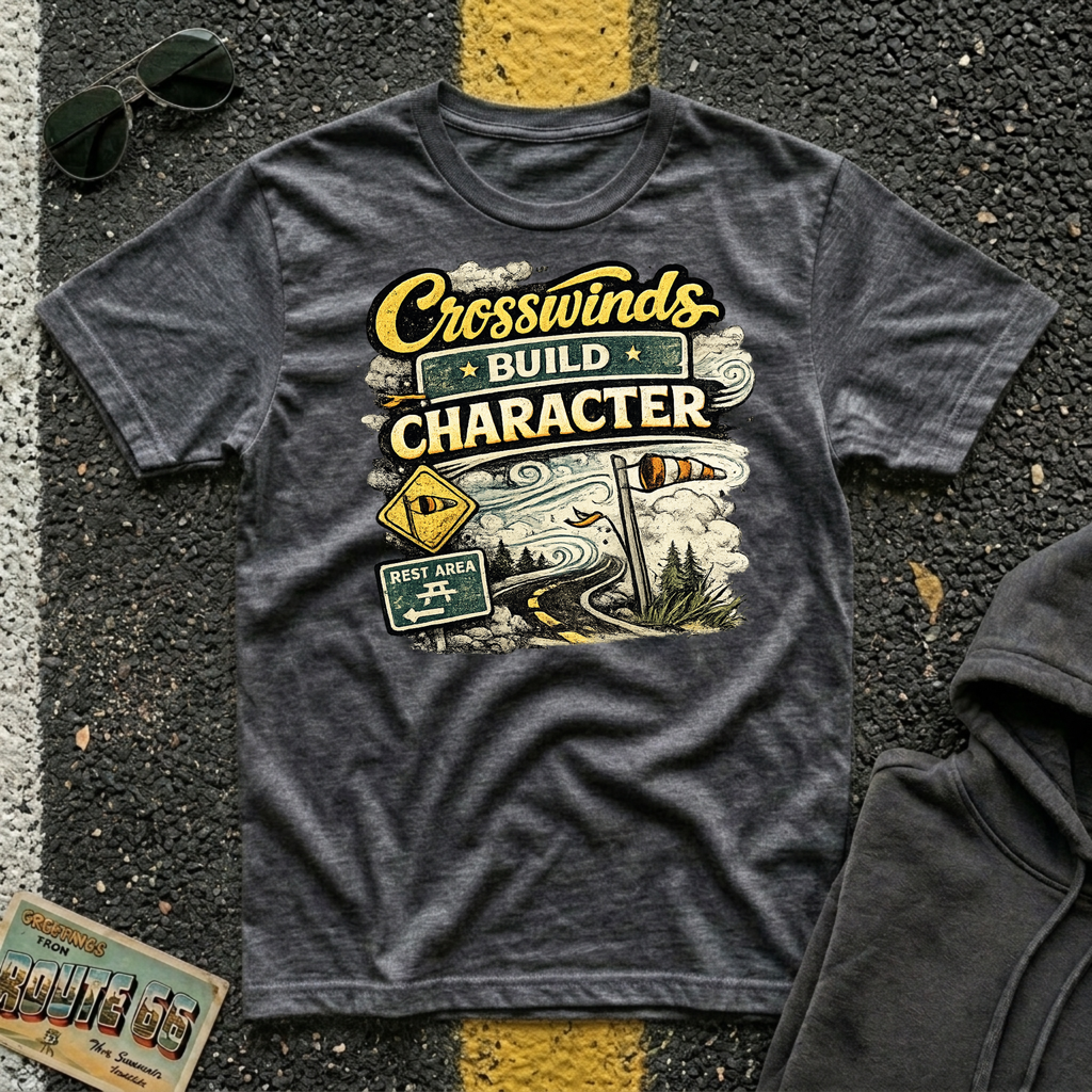 Crosswinds Build Character T-shirt by The Riverstone Life on a dark heather Gildan Softstyle 64000 featuring a vintage highway and RV Transport design inspired by life on the open road.