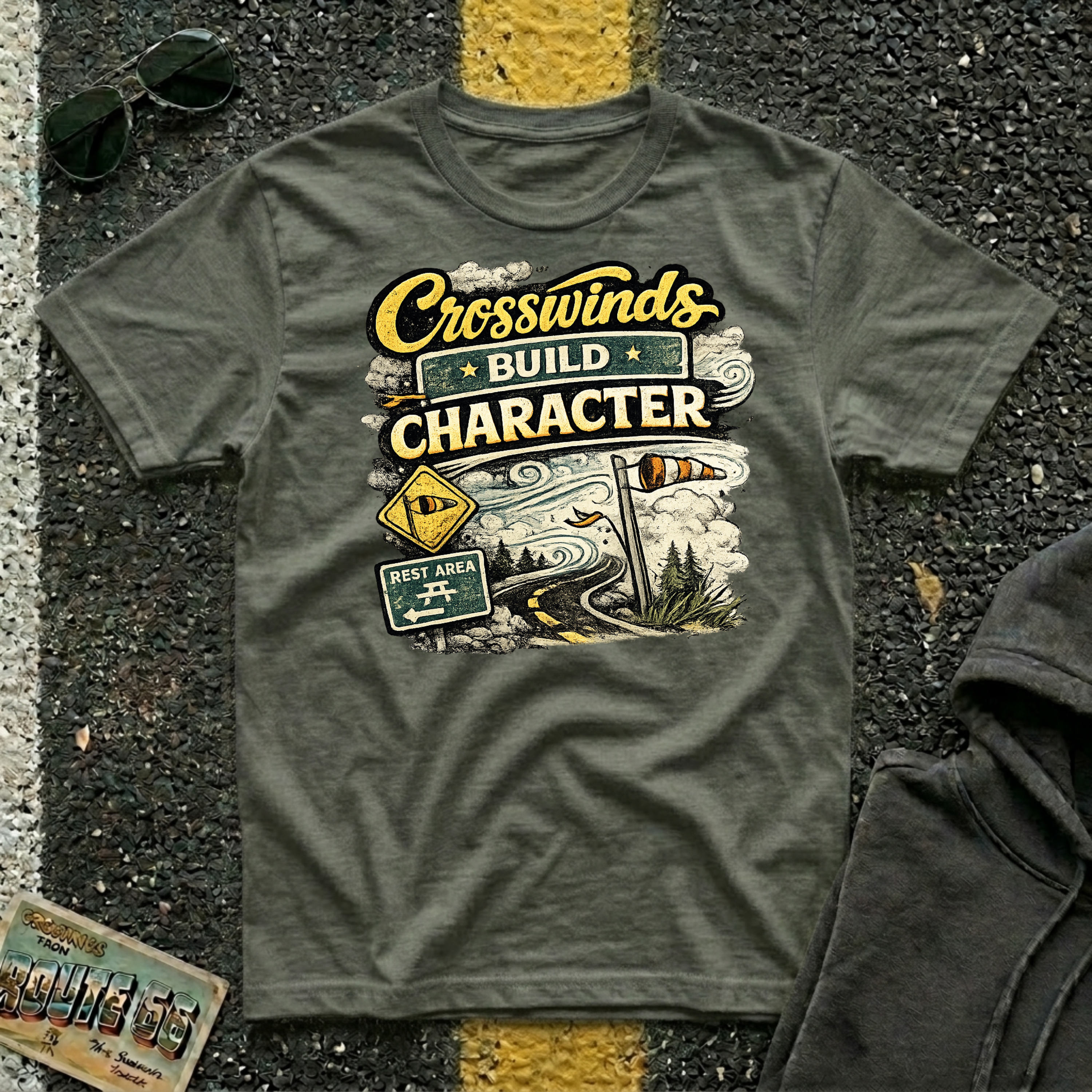 Crosswinds Build Character T-shirt by The Riverstone Life on a military green Gildan Softstyle 64000 featuring a vintage highway and RV Transport design inspired by life on the open road.