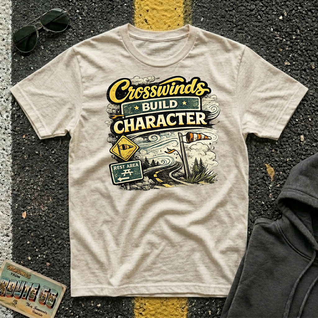 Crosswinds Build Character T-shirt by The Riverstone Life on a natural Gildan Softstyle 64000 featuring a vintage highway and RV Transport design inspired by life on the open road.