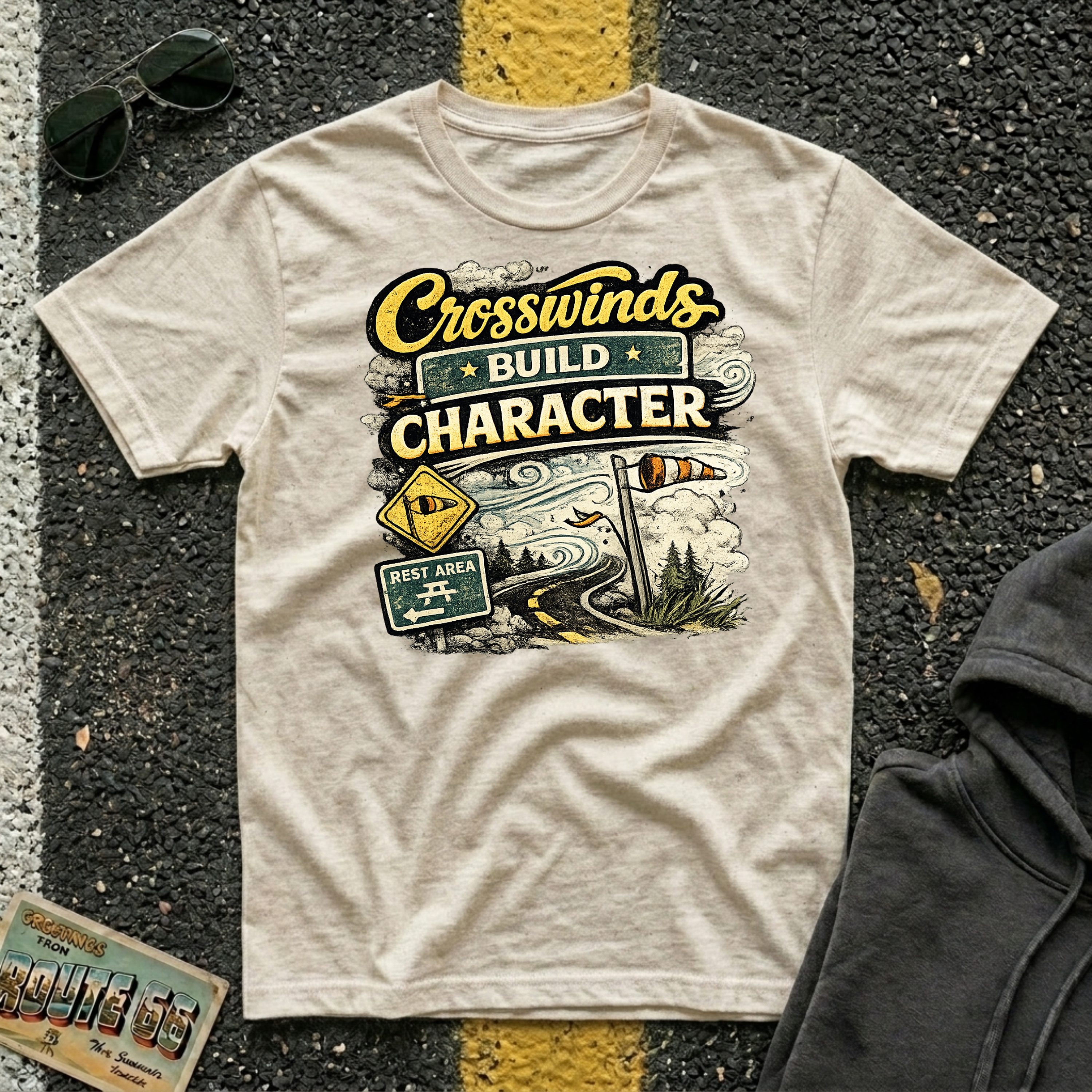 Crosswinds Build Character T-shirt by The Riverstone Life on a natural Gildan Softstyle 64000 featuring a vintage highway and RV Transport design inspired by life on the open road.