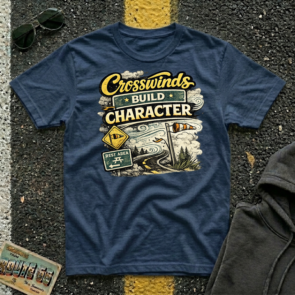 Crosswinds Build Character T-shirt by The Riverstone Life on a navy Gildan Softstyle 64000 featuring a vintage highway and RV Transport design inspired by life on the open road.