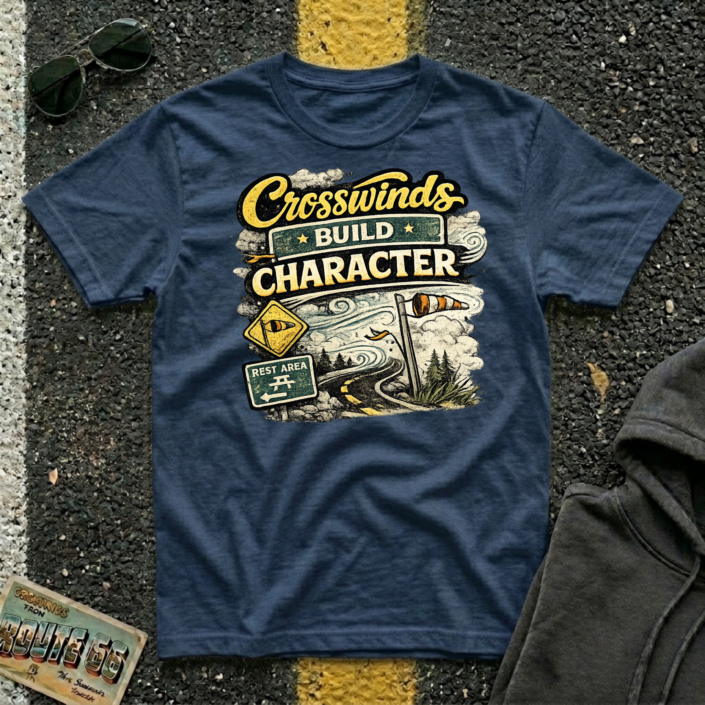 Crosswinds Build Character T-shirt by The Riverstone Life on a navy Gildan Softstyle 64000 featuring a vintage highway and RV Transport design inspired by life on the open road.