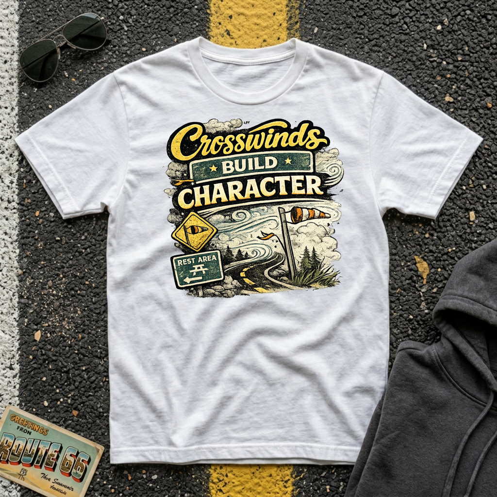 Crosswinds Build Character T-shirt by The Riverstone Life on a white Gildan Softstyle 64000 featuring a vintage highway and RV Transport design inspired by life on the open road.