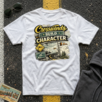 Crosswinds Build Character T-shirt by The Riverstone Life on a white Gildan Softstyle 64000 featuring a vintage highway and RV Transport design inspired by life on the open road.