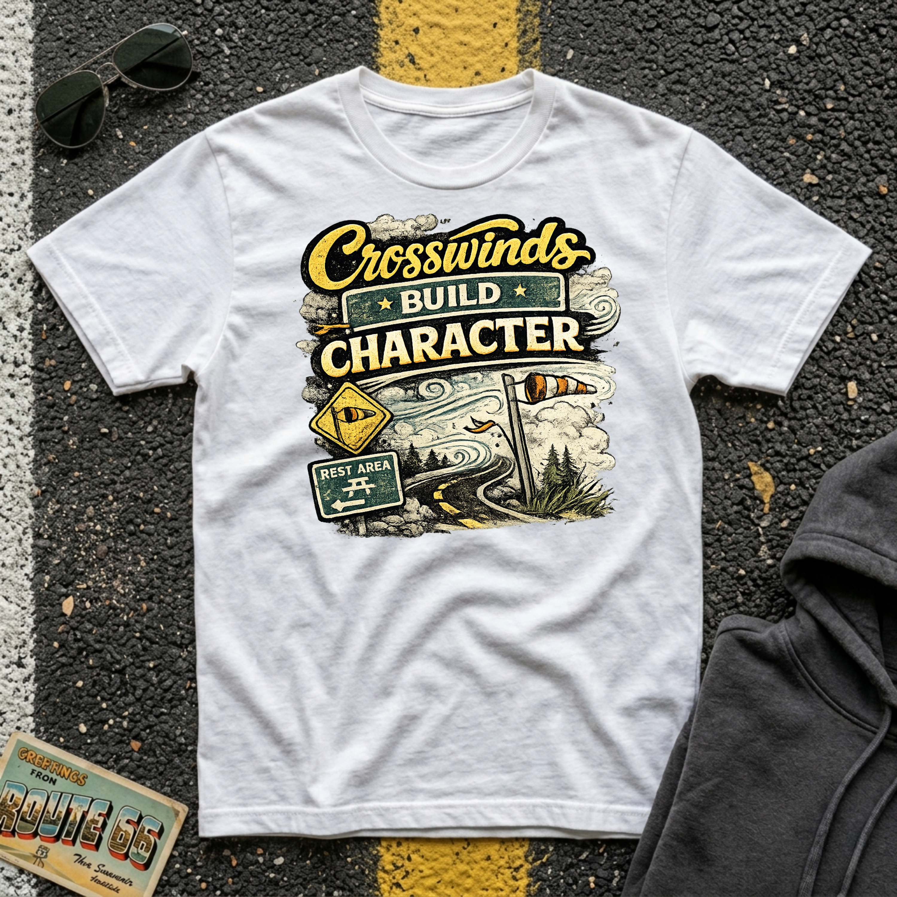 Crosswinds Build Character T-shirt by The Riverstone Life on a white Gildan Softstyle 64000 featuring a vintage highway and RV Transport design inspired by life on the open road.
