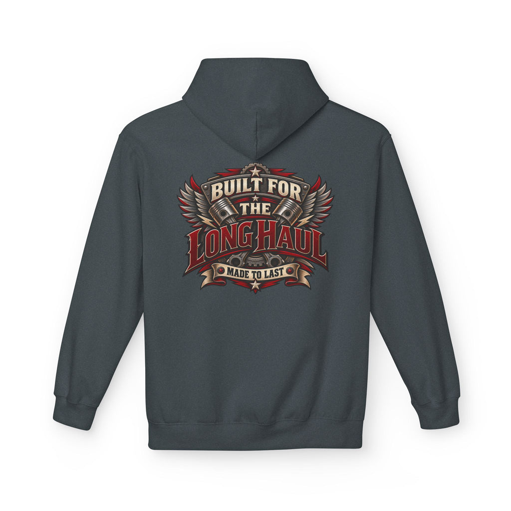 Dark heather hoodie with a decorative emblem on the back 'BUILT FOR THE LONG HAUL MADE TO LAST'against a white background