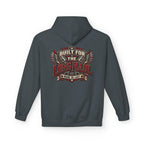 Dark heather hoodie with a decorative emblem on the back 'BUILT FOR THE LONG HAUL MADE TO LAST'against a white background