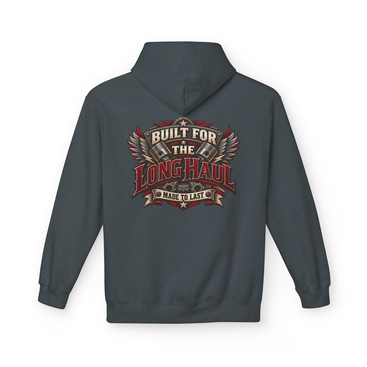 Dark heather hoodie with a decorative emblem on the back 'BUILT FOR THE LONG HAUL MADE TO LAST'against a white background