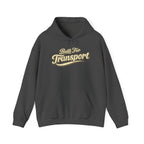 Dark heather hoodie with Built For Transport graphic on a white background