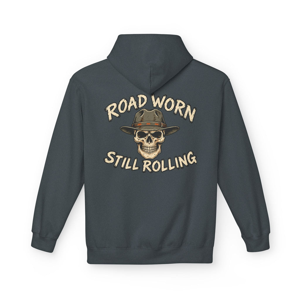 dark heather hoodie with white text on the back  'Road Worn Still Rolling' on a white background