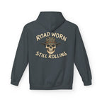dark heather hoodie with white text on the back  'Road Worn Still Rolling' on a white background