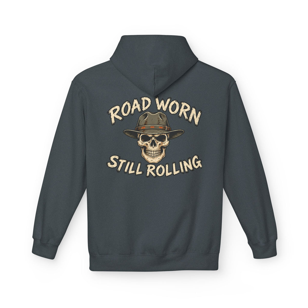dark heather hoodie with white text on the back  'Road Worn Still Rolling' on a white background