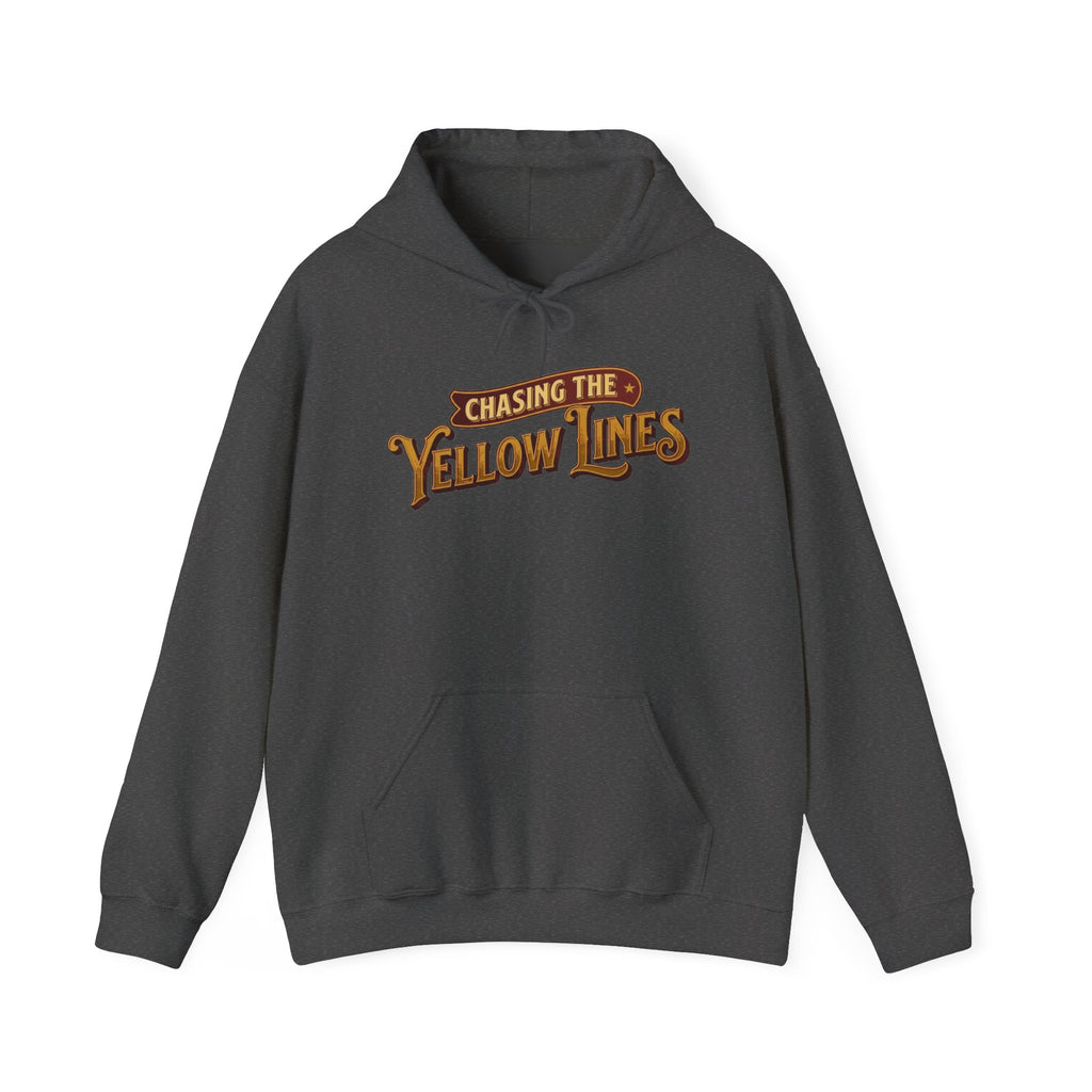 Dark heather hoodie 'Chasing the Yellow Lines' on a white background