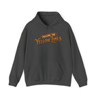 Dark heather hoodie 'Chasing the Yellow Lines' on a white background