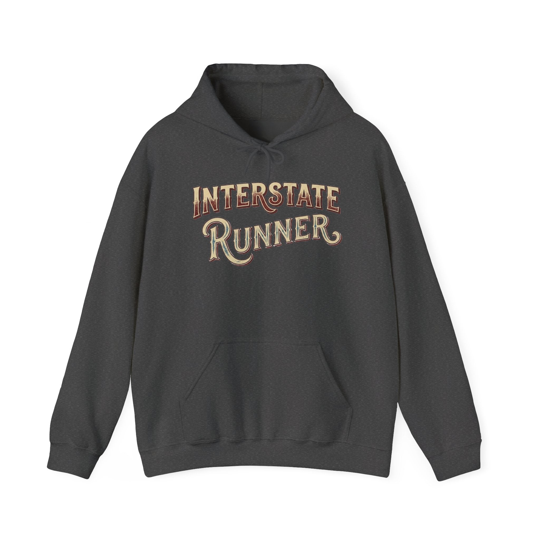 Dark heather hoodie 'Interstate Runner' on a white background