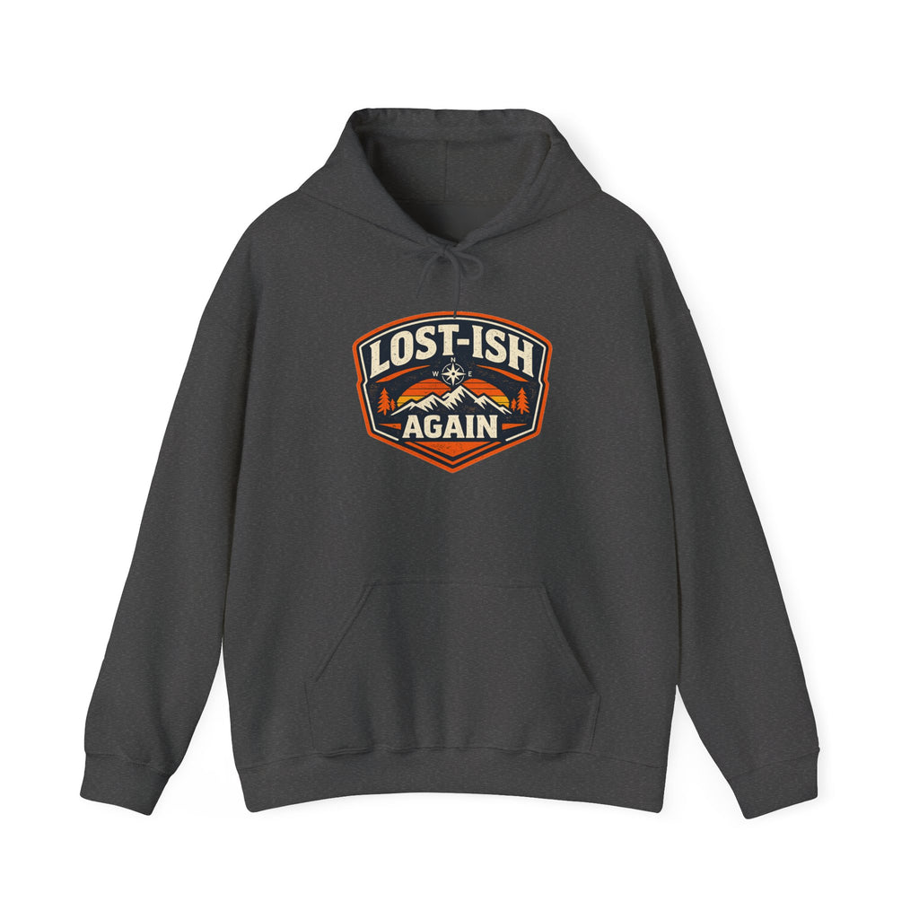 dark heather hoodie with badge design 'Lost-ish Again' on a white background