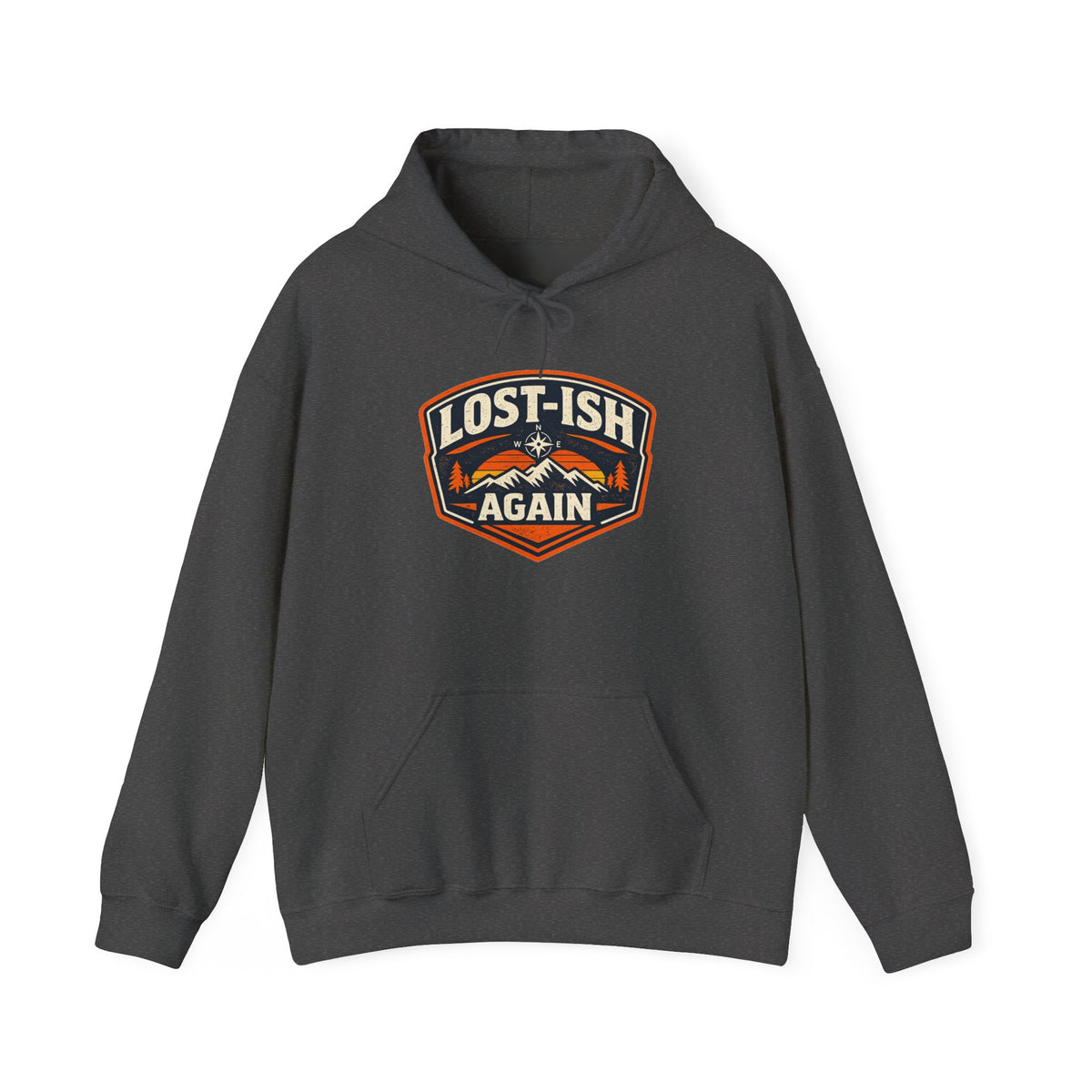 dark heather hoodie with badge design 'Lost-ish Again' on a white background