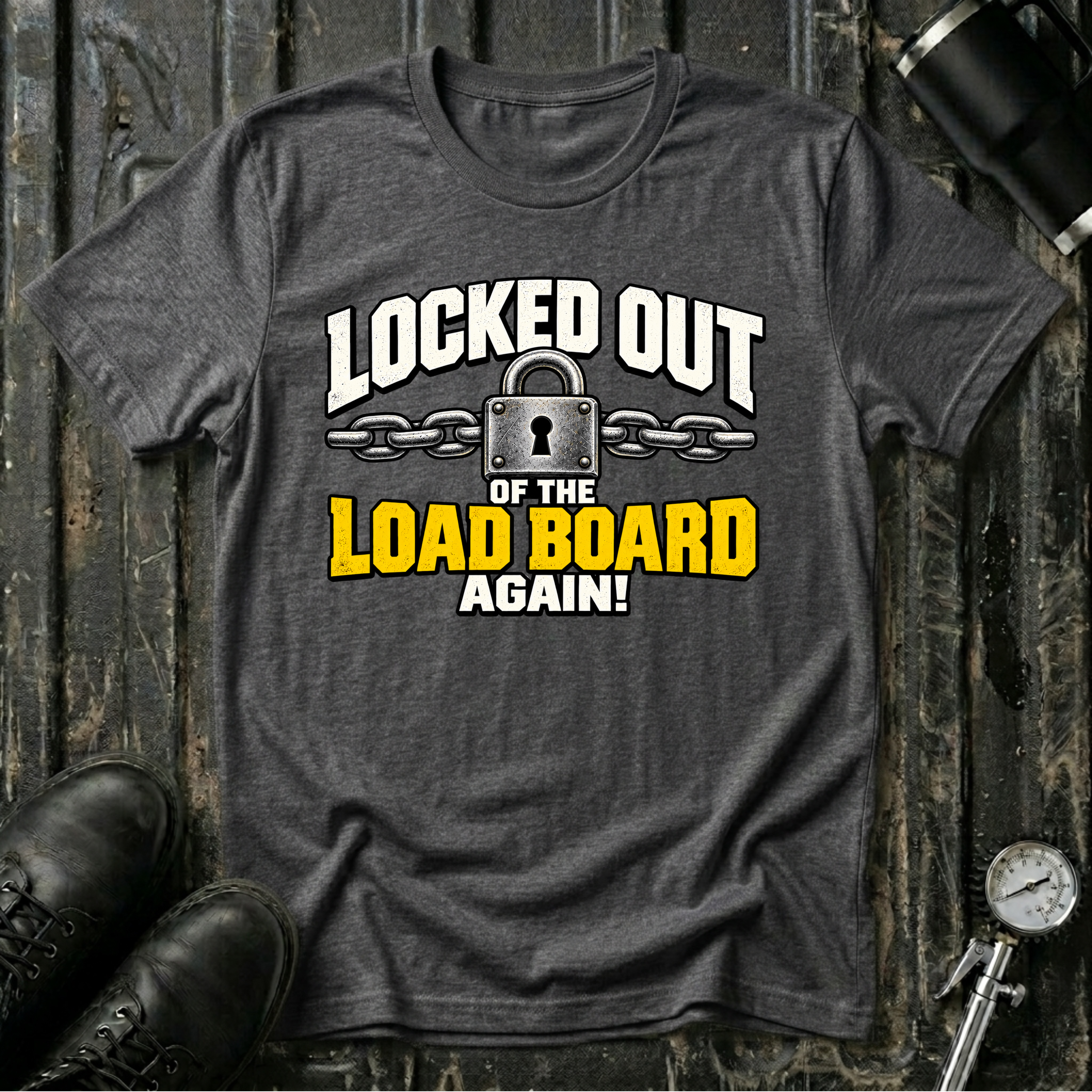 A dark heather gray graphic t-shirt laid flat on a rustic dark wood background, styled with black leather boots  and a tire gauge. The t-shirt features a graphic print that reads 'LOCKED OUT OF THE LOAD BOARD AGAIN!' in white and yellow lettering with a padlock and chain illustration.
