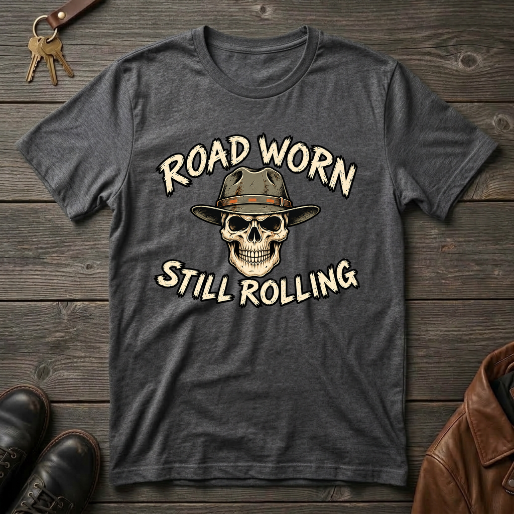 A dark heather gray graphic t-shirt laid flat on a rustic dark wood background, featuring a skull wearing a cowboy hat with the text 'ROAD WORN STILL ROLLING' in cream. Styled flat-lay props include keys at the top left, brown leather shoes at the bottom left, and a brown leather jacket at the bottom right.