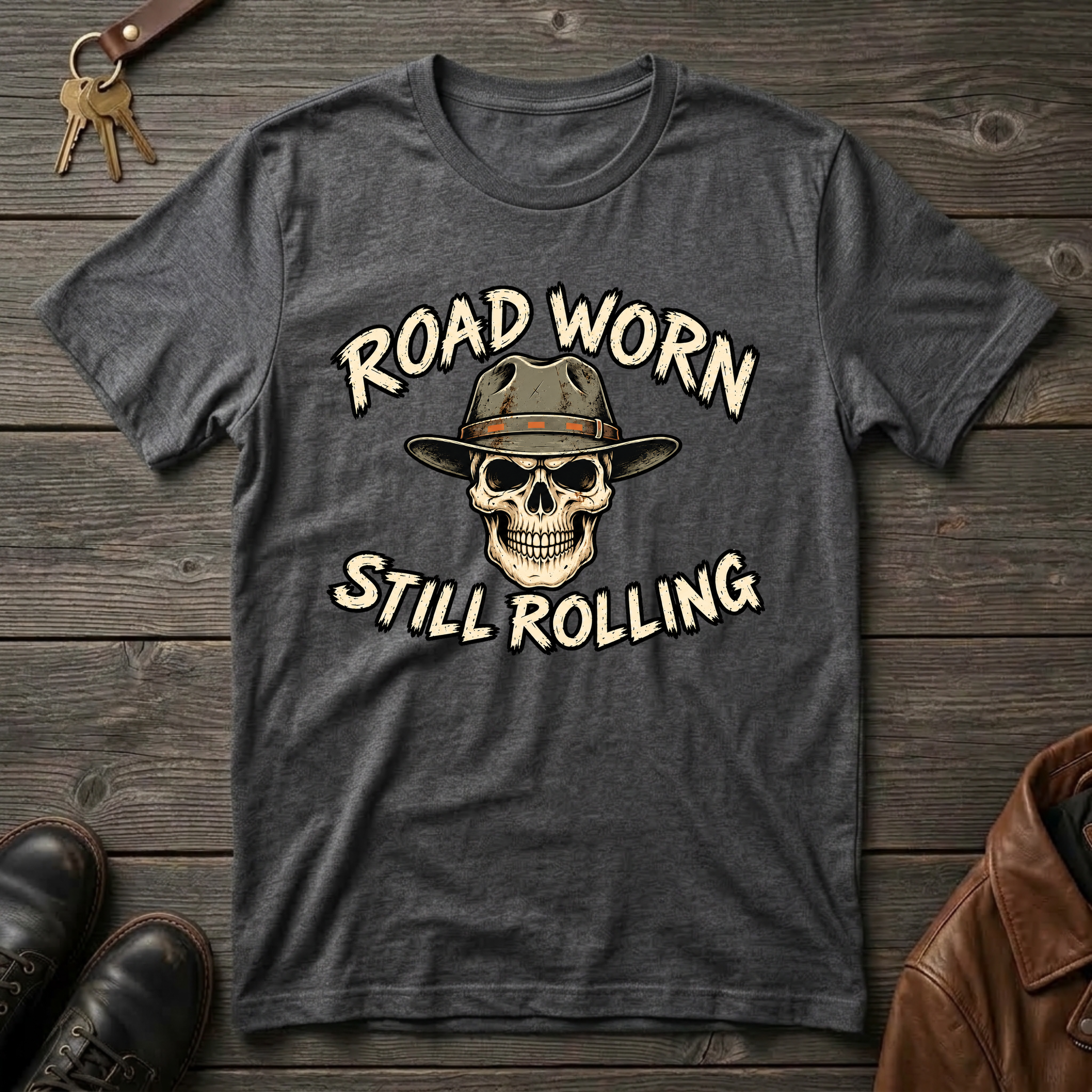 A dark heather gray graphic t-shirt laid flat on a rustic dark wood background, featuring a skull wearing a cowboy hat with the text 'ROAD WORN STILL ROLLING' in cream. Styled flat-lay props include keys at the top left, brown leather shoes at the bottom left, and a brown leather jacket at the bottom right.